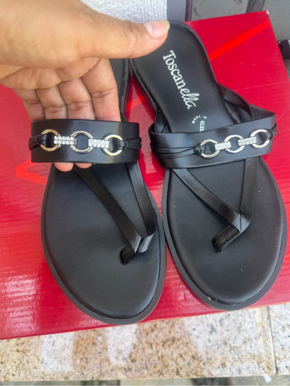Toscanella Black Rhinestone Chain Thong Sandals